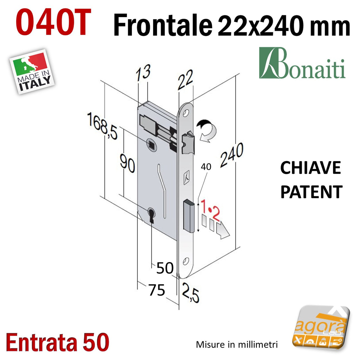 SERRATURA PORTA PATENT FRONTALE 22x240mm BONAITI 040T E50 I90 CHIAVE serratura-porta-patent-frontale-22x240mm-bonaiti-040t-e50-i90-chiave