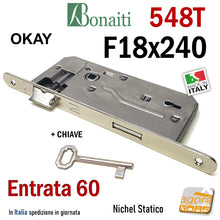 Carica l'immagine nel visualizzatore di Gallery, SERRATURA PORTA PATENT OKAY F18x240mm BONAITI 548T + CHIAVE E60 I90 CROMO NICHEL frontale 240x18 entrata 6cm interasse maniglia chiave 9cm nichelata