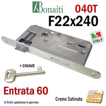 Carica l'immagine nel visualizzatore di Gallery, SERRATURA PORTA PATENT FRONTALE 22x240mm BONAITI 040T E60 I90 CROMO SATINATO+CHIAVE entrata 6cm
