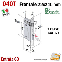 Carica l'immagine nel visualizzatore di Gallery, SERRATURA PORTA PATENT FRONTALE 22x240mm BONAITI 040T E60 I90 CROMO +CHIAVE