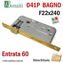 Carica l'immagine nel visualizzatore di Gallery, SERRATURA PORTA PATENT GRANDE BAGNO FRONTALE 22x240mm QUADRO BONAITI 041P-60 OTTONE E60 I90 entrata 6cm