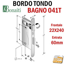 Carica l'immagine nel visualizzatore di Gallery, SERRATURA PORTA PATENT GRANDE BAGNO FRONTALE 22x240mm BONAITI 041T-60 OTTONE E60 I90 entrata 6cm interasse 9cm quadro 6mm