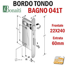 Carica l'immagine nel visualizzatore di Gallery, SERRATURA PORTA PATENT GRANDE BAGNO FRONTALE 22x240mm BONAITI 041T-60 OTTONE E60 I90 entrata 6cm interasse 9cm quadro 6mm