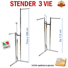 Carica l'immagine nel visualizzatore di Gallery, STENDER ESPOSITORE 3 BRACCI APPENDIABITI ARREDO NEGOZIO ABBIGLIAMENTO PORTABITI CROMATO alto leggero compatto alta qualità