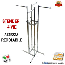 Carica l'immagine nel visualizzatore di Gallery, STENDER ESPOSITORE 4 BRACCI APPENDIABITI ARREDO NEGOZIO ABBIGLIAMENTO PORTABITI CROMATO ganci attrezzatura negozi arredamento centrale spostabile gondolino