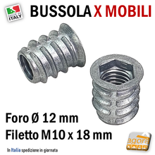 Carica l'immagine nel visualizzatore di Gallery, Bussola in zama per legno e pannelli da avvitare con filetto interno M10mm esterno 14x18mm foro per incasso diametro 12mm in zama svasata metallico