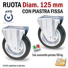 Carica l'immagine nel visualizzatore di Gallery, RUOTA GOMMA NERA DIAMETRO 125MM FISSA CON PIASTRA SENZA FRENO S112 AVO 80A INDUSTRIA RUOTE in gomma nera industriali commerciali magazzino per carrelli stander mobili e telai in ferro robusti