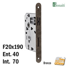 Carica l'immagine nel visualizzatore di Gallery, ricambio SERRATURA PORTA FRONTALE 20x190mm TONDO E40 I70 BONAITI 42T BRONZO PATENT PICCOLA