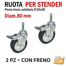 Carica l'immagine nel visualizzatore di Gallery, Kit ruote per stender carrelli da inserire a pressione nelle boccole del tubo d30mm foro 10mm nere con freno attacco a boccola bussola frenata