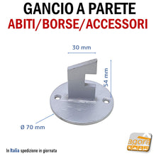 Carica l'immagine nel visualizzatore di Gallery, GANCIO APPENDIBORSE PORTA ABITI X ACCESSORI FISSAGGIO A PARETE ACCIAIO X MURO gancio acciaio appendino