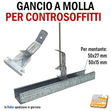 Carica l'immagine nel visualizzatore di Gallery, GANCIO CON MOLLA PER PROFILO SOFFITTO CARTONGESSO 50x15 50x27 CONTROSOFFITTO SOSPENSIONE PENDINO ganci per soffitti strutture in cartongesso