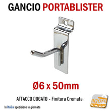 Carica l'immagine nel visualizzatore di Gallery, Gancio singolo in filo portablister attacco doga per pannelli dogati aggancio dogato cromato lunghezza 50mm Diametro 6 x 5cm attrezzatura arredo negozio