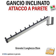 Carica l'immagine nel visualizzatore di Gallery, GANCIO INCLINATO BROCHE ATTREZZATURA NEGOZIO 35 CM CROMATO ATTACCO A PARETE MURO
