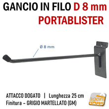 Load image into Gallery viewer, GANCI PORTABLISTER PER PANNELLO DOGATO cm 25 IN FILO D8mm GRIGIO ATTREZZATURA NEGOZIO - gancio portablister robusto in acciaio filo grande diametro 8 mm per pannelli dogati attacco a doga alluminio prodotto in Italia verniciato lungo 250mm