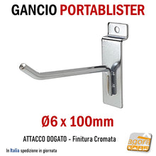 Carica l'immagine nel visualizzatore di Gallery, Gancio singolo in filo portablister attacco doga per pannelli dogati aggancio dogato cromato lunghezza 100mm Diametro 6 x 10cm attrezzatura arredo negozio