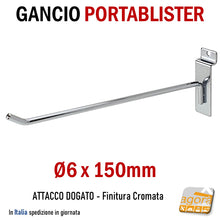 Load image into Gallery viewer, Gancio singolo in filo portablister attacco doga per pannelli dogati aggancio dogato cromato lunghezza 150mm Diametro 6 x 15cm attrezzatura arredo negozio