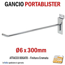 Carica l'immagine nel visualizzatore di Gallery, Gancio singolo in filo portablister attacco doga per pannelli dogati aggancio dogato cromato lunghezza 300mm Diametro 6 x 30cm attrezzatura arredo negozio