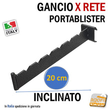 Carica l'immagine nel visualizzatore di Gallery, Gancio diritto esposizione espositivo per arredo negozio per arredamenti. Attrezzatura portablister broche inclinata lungha 20cm robusta e pesante in acciaio verniciato aggancio a rete o a barra aderente