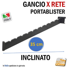 Carica l'immagine nel visualizzatore di Gallery, Gancio diritto esposizione espositivo per arredo negozio per arredamenti. Attrezzatura portablister broche inclinata lungha 35cm robusta e pesante in acciaio verniciato aggancio a rete o a barra aderente