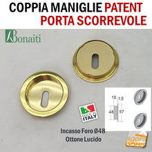 Carica l'immagine nel visualizzatore di Gallery, MANIGLIA PER PORTA SCORREVOLE BOCCHETTA SCRIGNO PATENT INCASSO FORO 48 D57 OTTONE LUCIDO BONAITI MTC OTTONATA CHIAVE 4XMTC000G7 guarnitura per porte scorrevoli diametro 57mm nuova originale maniglie porte interne in ottone di qualità