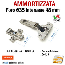 Load image into Gallery viewer, KIT CERNIERA CON BASETTA AMMORTIZZATA CUCINA CON BASE FORO 35mm x 13,5mm SOFT RICAMBIO SALICE interasse 48mm regolabile chiusura rallentata
