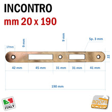 Carica l'immagine nel visualizzatore di Gallery, scheda dimensionale gaccia incontro bonaiti misure colore bronzo frontale 20x190 ricambio x serrature porte bonaiti bronzo