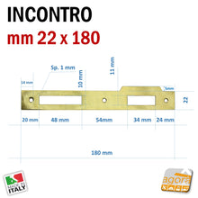 Carica l'immagine nel visualizzatore di Gallery, scheda dimensionale gaccio 113 frontale 22x180 colorer ottonato spessore aletta 5mm made in italy ricambio x serrrature