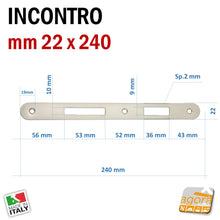 Carica l'immagine nel visualizzatore di Gallery, scheda dimensionale con misure gaccia x serratura porta bonaiti di colore argento verniciato lunghezza totale 240 mm ricambio made in italy x serrature 540T