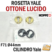 Carica l'immagine nel visualizzatore di Gallery, ROSETTA PORTA CHIAVE BOCCHETTA HOPPE CILINDRO YALE OTTONE LUCIDO D44 F71 CP M88KS - guarniture per porte normali per aggiunta cilindro yale