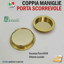 Carica l'immagine nel visualizzatore di Gallery, MANIGLIA PER PORTA SCORREVOLE BOCCHETTA SCRIGNO CIECA INCASSO FORO 48 D57 OTTONE BONAITI