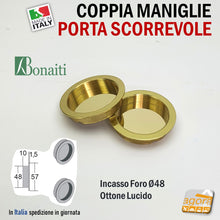 Carica l'immagine nel visualizzatore di Gallery, MANIGLIA PER PORTA SCORREVOLE BOCCHETTA SCRIGNO CIECA INCASSO FORO 48 D57 OTTONE BONAITI 4XMTS000G7