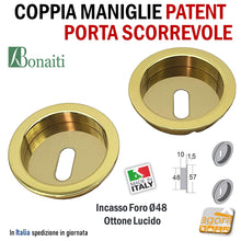 Carica l'immagine nel visualizzatore di Gallery, MANIGLIA PER PORTA SCORREVOLE BOCCHETTA SCRIGNO PATENT INCASSO FORO 48 D57 OTTONE LUCIDO BONAITI MTC OTTONATA CHIAVE 4XMTC000G7
