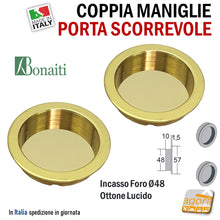 Carica l'immagine nel visualizzatore di Gallery, MANIGLIA PER PORTA SCORREVOLE BOCCHETTA SCRIGNO CIECA INCASSO FORO 48 D57 OTTONE BONAITI ottonata lucida maniglie per scrigno porte scorrevoli cieche senza fori