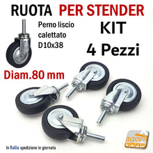 Carica l'immagine nel visualizzatore di Gallery, Kit ruote per stender carrelli da inserire a pressione nelle boccole del tubo d30mm foro 10mm nere senza freno