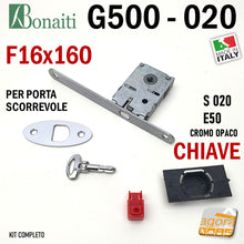 Load image into Gallery viewer, SERRATURA PORTA SCORREVOLE FRONTALE 16x160mm BONAITI 020 G500 CHIAVE PIEGHEVOLE CROMO OPACO E50 GANCIO SERRATURA A UNCINO PER SCRIGNO 4002005097