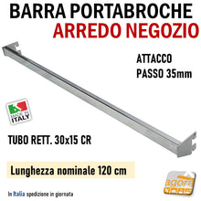 Carica l'immagine nel visualizzatore di Gallery, BARRA PORTABROCHE X CAVETTATO P35 TUBO RETT 30X15 CROMO L 60-85-120cm PORTA GANCI ATTREZZATURA PARETE NEGOZIO barra aderente attrezzatura arredamento negozio esposizione porta ganci porta broche attacco a barra rettangolare 15mm arredo perimetrale lunghezza 120cm 1195mm