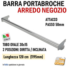 Carica l'immagine nel visualizzatore di Gallery, barra aderente attrezzatura parete negozio attacco cavettato P50mm tubo ovale 30x15mm larghezza 1195mm 120cm