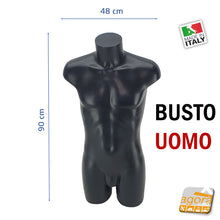 Carica l'immagine nel visualizzatore di Gallery, MANICHINO BUSTO UOMO H 90 CM NERO CON ATTACCHI SCHIENA-COLLO PER BASE BASAMENTO PIANTANA REGOLABILE