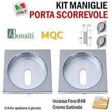 Carica l'immagine nel visualizzatore di Gallery, MANIGLIA PER PORTA SCORREVOLE BOCCHETTA SCRIGNO INCASSO FORO 48 QUADRATA 53x53 CROMO SAT BONAITI MQC CHIAVE 3XMQC000U7