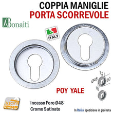 Carica l'immagine nel visualizzatore di Gallery, maniglia rosetta bocchetta kit guarnitura porte scorrevoli scrigno tonda bonaiti cromo satinata YALE per cilindro