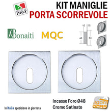 Carica l'immagine nel visualizzatore di Gallery, MANIGLIA PER PORTA SCORREVOLE BOCCHETTA SCRIGNO INCASSO FORO 48 QUADRATA 53x53 CROMO SAT BONAITI MQC CHIAVE