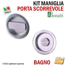 Carica l'immagine nel visualizzatore di Gallery, MANIGLIA PER PORTA SCORREVOLE BOCCHETTA LIBERO-OCCUPATO WC X BAGNO SICUREZ BAMBINI PTN FORO 48 D60 CROMO SAT MANIGLIERIA PREGIATA LEVA PIATTA