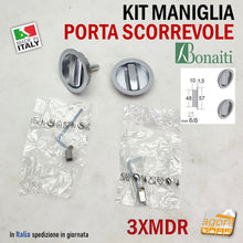 Carica l'immagine nel visualizzatore di Gallery, MANIGLIA PER PORTA SCORREVOLE BOCCHETTA SCRIGNO FORO 48 D57 DOPPIA-LEVA CROMO SAT TONDA maniglie porte scrigno doppia levetta completa originale satinata