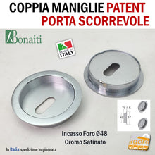 Carica l'immagine nel visualizzatore di Gallery, MANIGLIA PER PORTA SCORREVOLE BOCCHETTA SCRIGNO PATENT INCASSO FORO 48 D57 CROMO SAT BONAITI MTC CHIAVE 4XMTC000U7 guarnitura tonda per chiave normale patent porte scorrevoli nuova originale