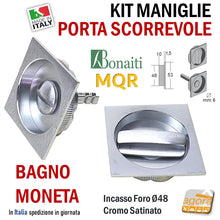 Carica l'immagine nel visualizzatore di Gallery, MANIGLIA PER PORTA SCORREVOLE BOCCHETTA SCRIGNO INCASSO FORO 48 QUADRATA 53x53 CROMO SAT BONAITI MQR BAGNO WC MANIGLIETTA BOCCHETTA RIGHEL RIBASSATO IN METALLO QUADRO