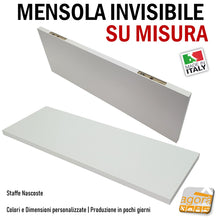 Carica l'immagine nel visualizzatore di Gallery, MENSOLA SU MISURA SUPPORTI INVISIBILI STAFFE NASCOSTE PRODUZIONE AL CM. Mensole personalizzate con reggimensola a scomparsa nascosti invisibili pannelli in legno tagliati e bordati