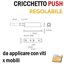 Carica l'immagine nel visualizzatore di Gallery, CRICCHETTO PUSH REGOLABILE PER APERTURA ANTE INVISIBILI MOBILE SENZA MANIGLIA DA APPLICARE USCITA 40MM