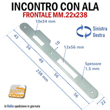 Carica l'immagine nel visualizzatore di Gallery, Riscontro Gaccia mm 238x22 con Ala 10mm cromo opaco x Serrature Porta Patent Incontro Contropiastra Reversibile contropiastra per serrature meccaniche
