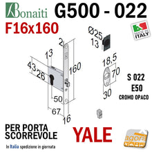 Carica l'immagine nel visualizzatore di Gallery, SERRATURA A GANCIO PORTA SCORREVOLE FRONTALE 16x160mm BONAITI 022 G500 X CILINDRO YALE CROMO OPACO E50 disegno tecnico quote