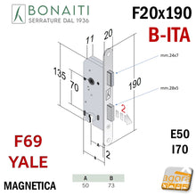 Carica l'immagine nel visualizzatore di Gallery, SERRATURA PORTA INTERNA MAGNETICA B-ITA BONAITI F69 YALE FRONTALE 20X190MM E50 I70 schema dettaglio quote